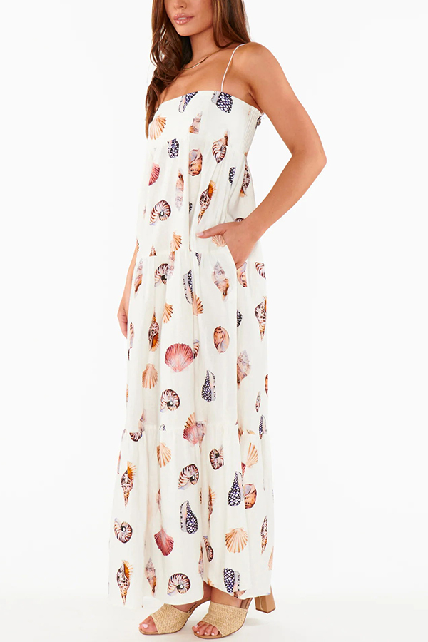 Long Weekend Linen Blend Shells Unique Print Smocked Pocket Lightweight Maxi Dress-consonak