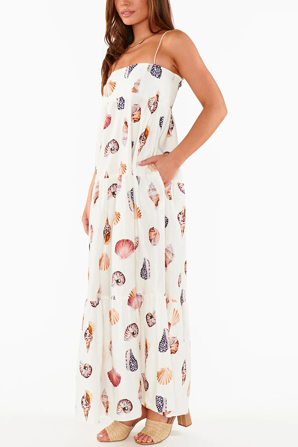 Long Weekend Linen Blend Shells Unique Print Smocked Pocket Lightweight Maxi Dress-consonak