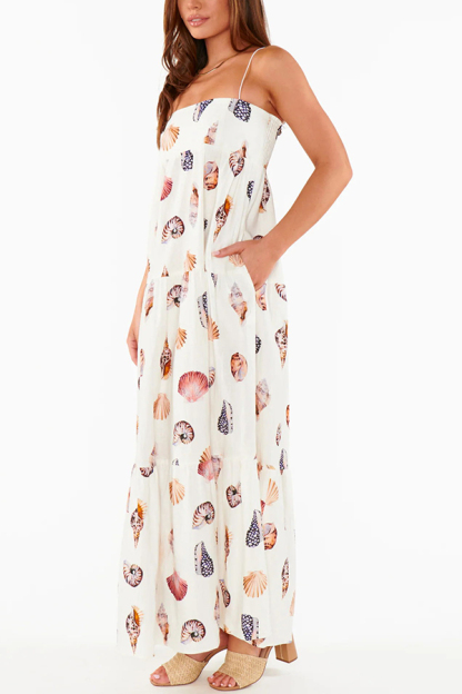 Long Weekend Linen Blend Shells Unique Print Smocked Pocket Lightweight Maxi Dress-consonak