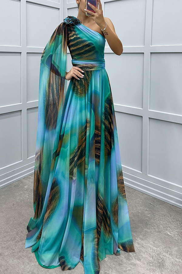 Lucia Unique Print Floral Detail One Shoulder Draped Sleeve Gown Maxi Dress | Consonak