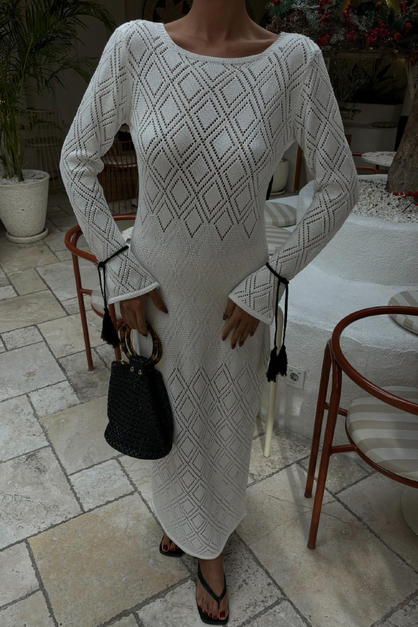 Solid Color Long-sleeved Tie Slim-fit Knit Openwork Cover-up Maxi Dress-consonak