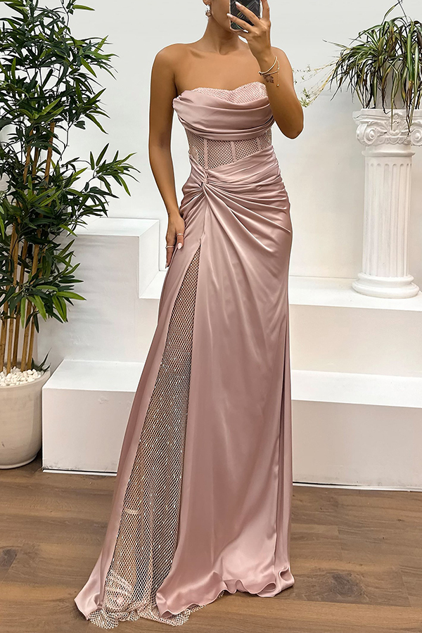 Audrey Satin Paneled Mesh Sequin Fabric Off Shoulder Ruched Drape Maxi Dress | Consonak