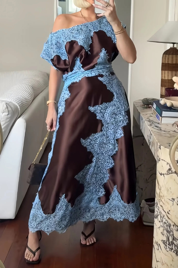 Fashionable Satin Lace Patchwork Asymmetrical Neckline and Fitted Waist Maxi Dress | Consonak