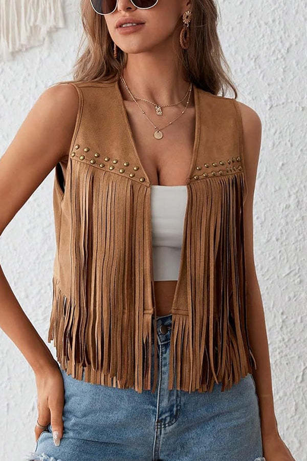 Stylish Suede V-neck Sleeveless Casual Studded Tassel Vest-consonak