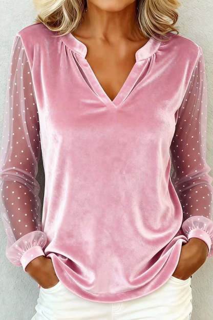 Solid Color Velvet Patchwork Sheer Long-sleeved Casual V-neck Top-consonak