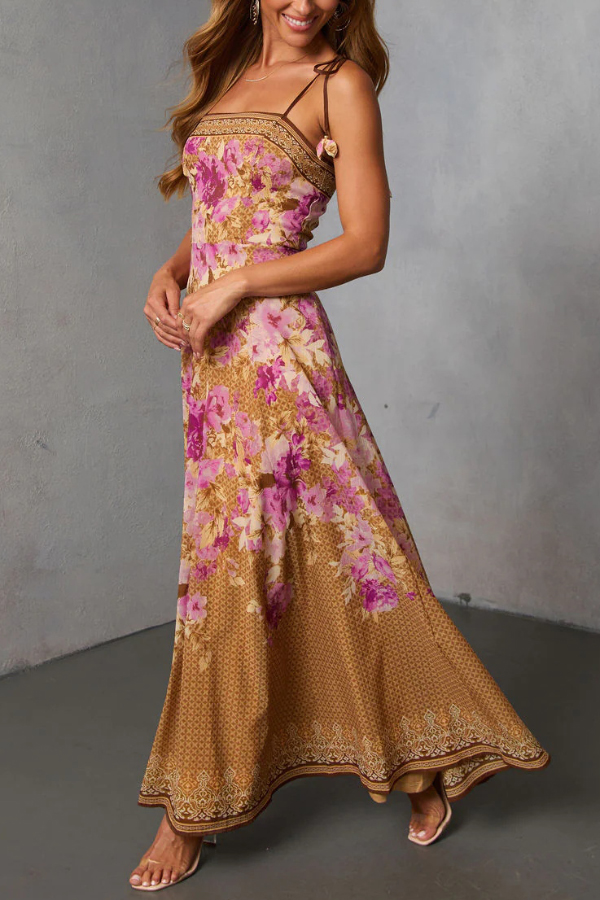 Fashionable Floral Print Square Neck Casual Vacation Maxi Dress