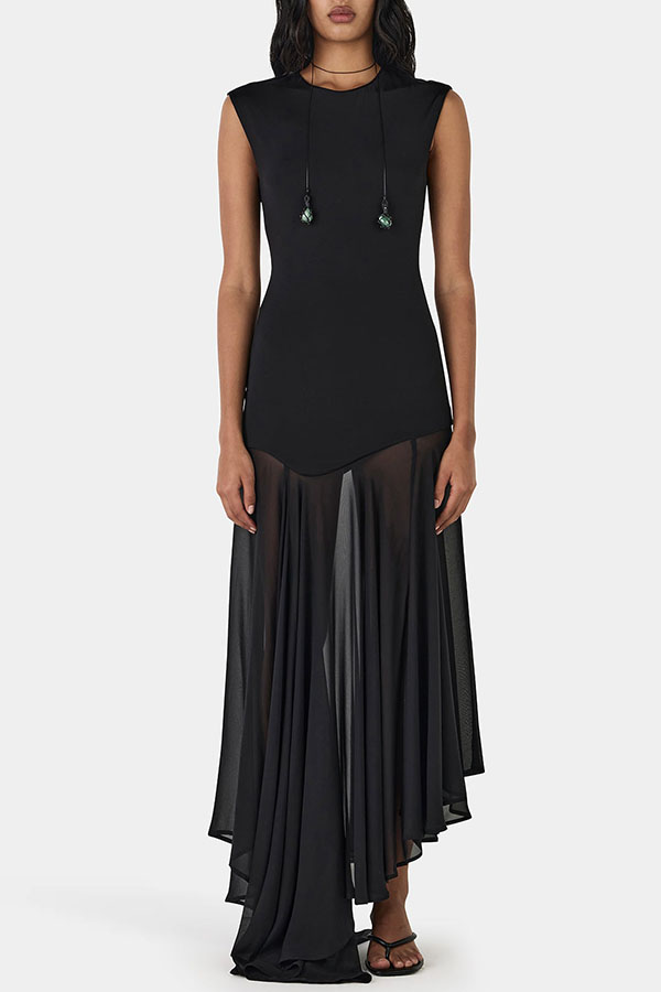 Alice Open Back Asymmetrical Tulle Hem Stretch Maxi Dress-consonak