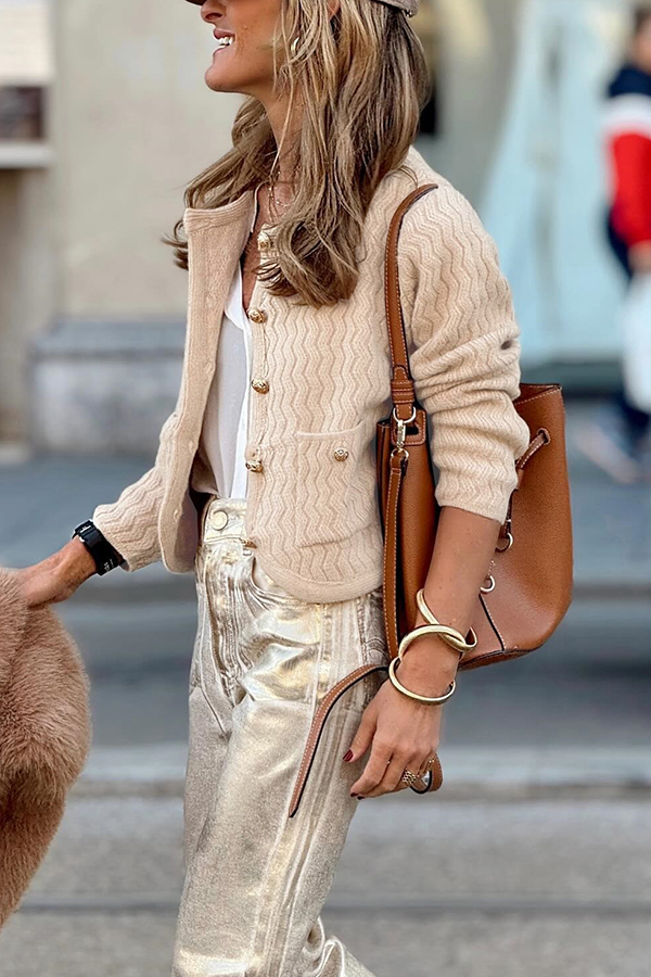 Solid Color V-neck Long-sleeved Loose Pocket Knit Cardigan-consonak