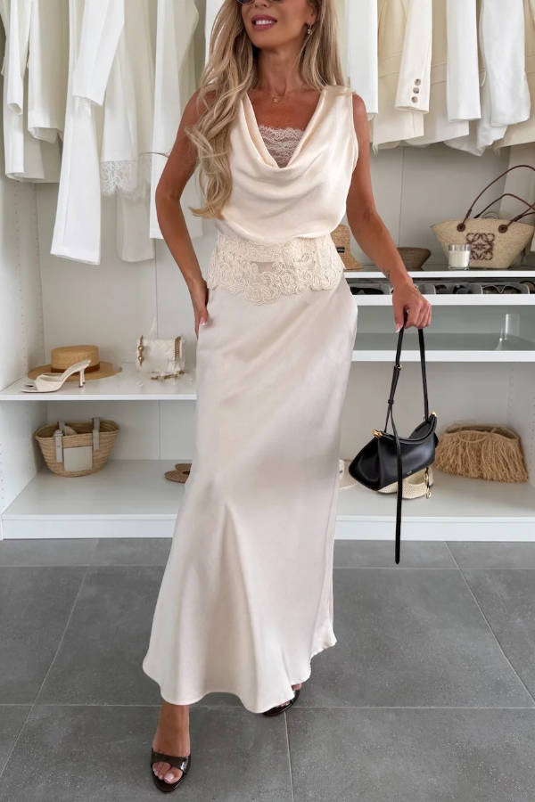 Solaya Satin Draped Sleeveless Lace Patchwork Top and Elegant Maxi Falre Skirt Set