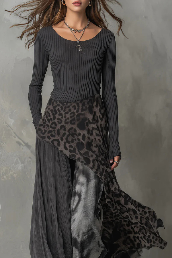 Stylish Leopard Print Patchwork Casual Long-sleeved Maxi Dress | Consonak