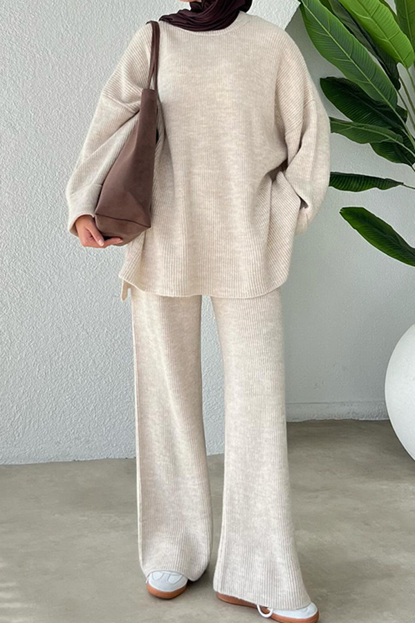 Solid Color Loose Long-sleeved Knit Top and Elastic Waist Casual Straight Leg Pants Set-consonak