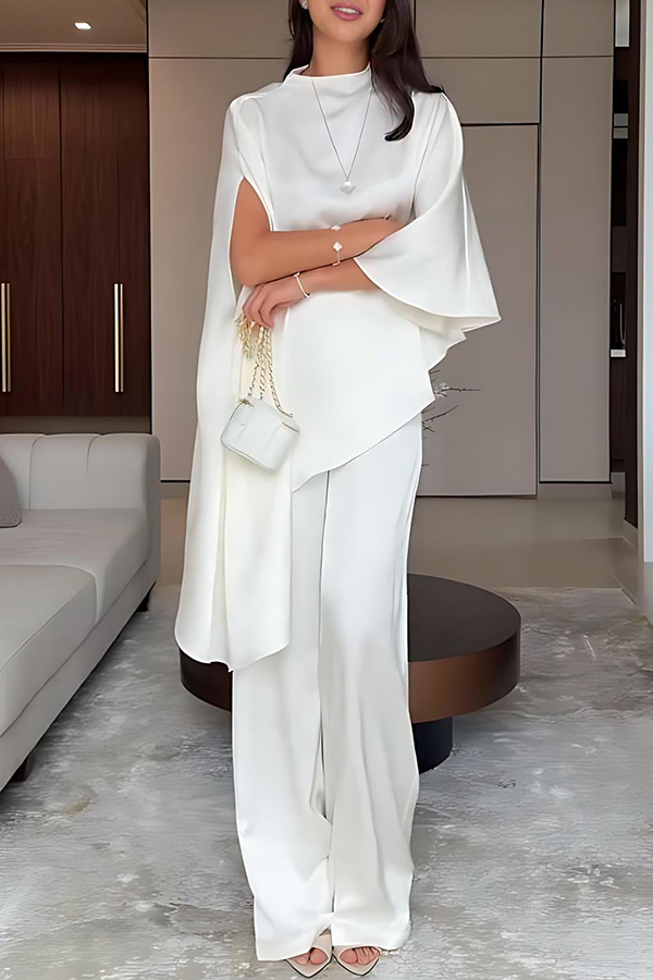 Iris Satin High Neck Cape Sleeve Irregular Hem Top and Elastic Waist Wide-Leg Pants Set-consonak