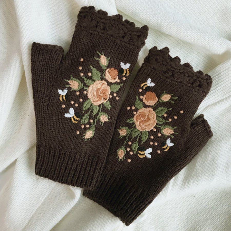 Hand Embroidered Gloves Women's Knitted Gloves Flower Gloves-consonak