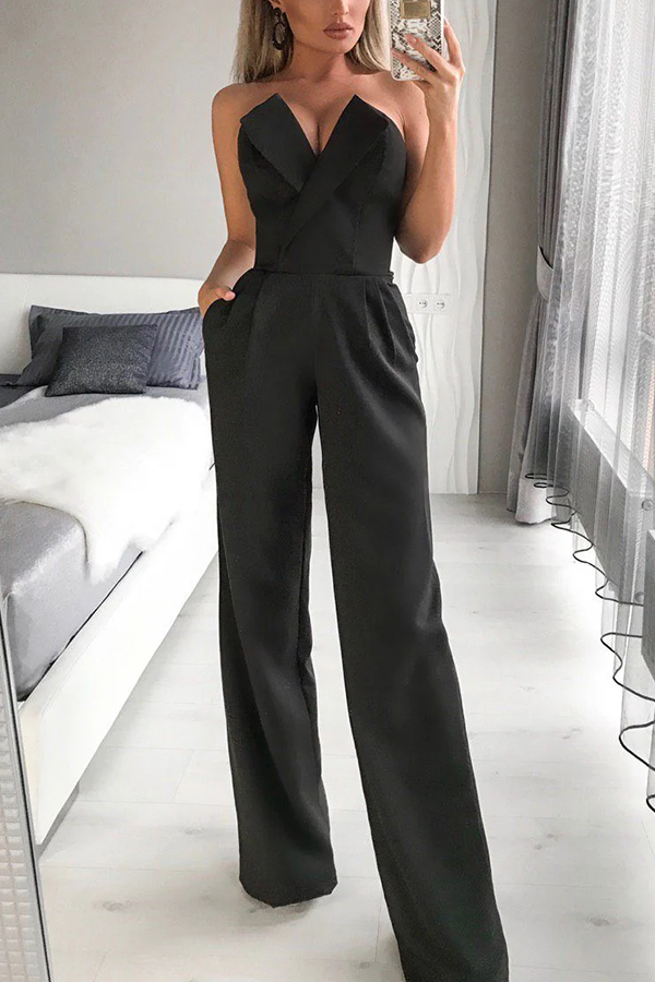 Tuxedo-style Off Shoulder Pocket Wide Leg Formal Jumpsuit-consonak