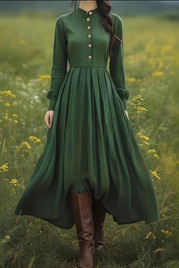 Linen Blend Vintage Long-sleeved Button-down Holiday Midi Dress-consonak