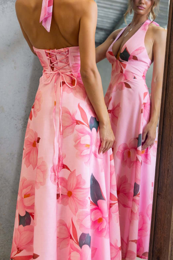 Floral Print V-neck Backless Tie-up Fitted Waist Elegant Maxi Dress-consonak