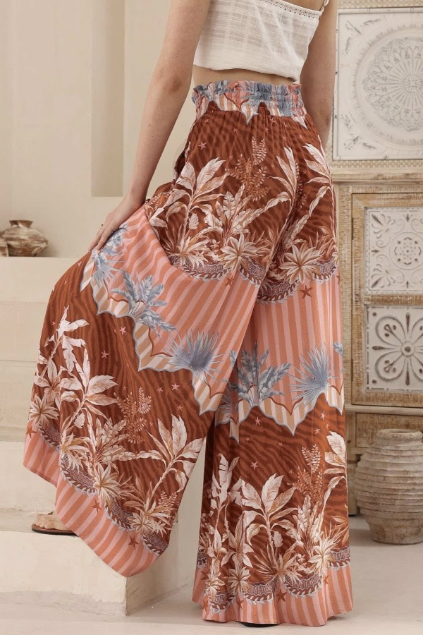 Unique Print Casual Elastic Waist Drawstring Pocket Wide-Leg Pants