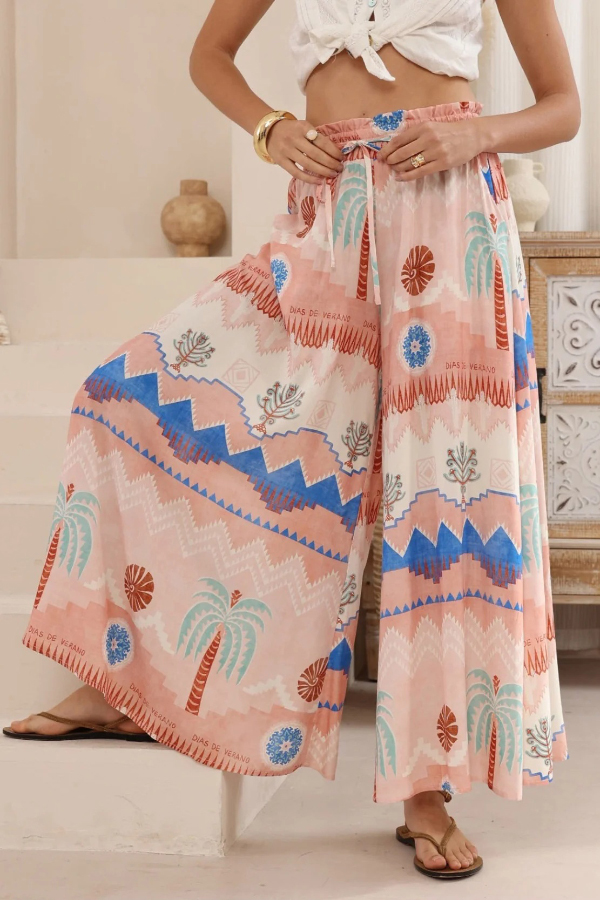 Resort-style Unique Printed Casual Stretch Waist Drawstring Pocket Wide-leg Pants