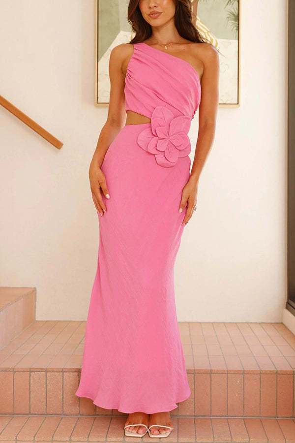 Bloom Summer 3d Flower Ruched One Shoulder Cutout Maxi Dress-consonak