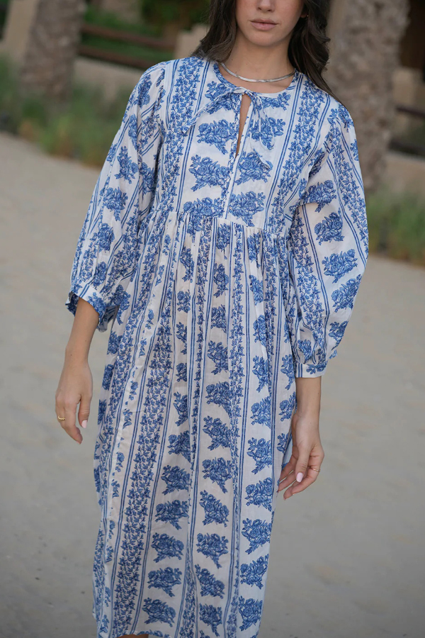 Botanical Print Loose-fitting Tie Casual Vacation Maxi Dress