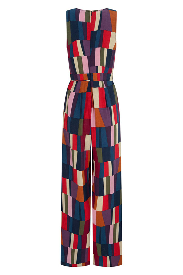 Retro Chic Linen Blend Colorful Color Block Front Waist Tie Detail Sleeveless Wide Leg Jumpsuit-consonak