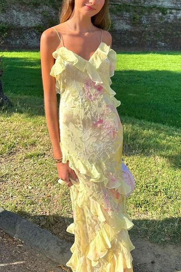 Multicolor Tie-dye Sexy Backless Wave-hem Strap Maxi Dress-consonak