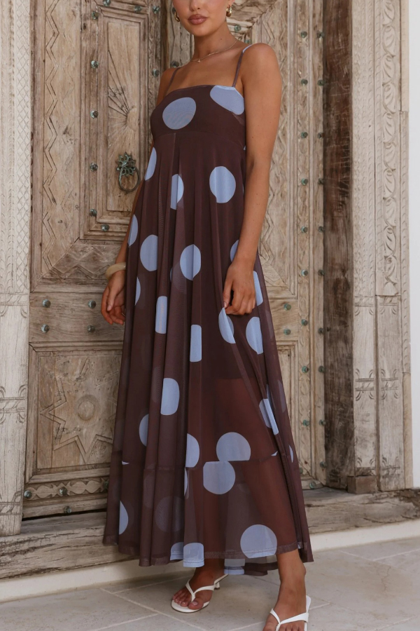 Polka Dot Print Mesh Spaghetti Strap Square Neck Vacation Maxi Dress