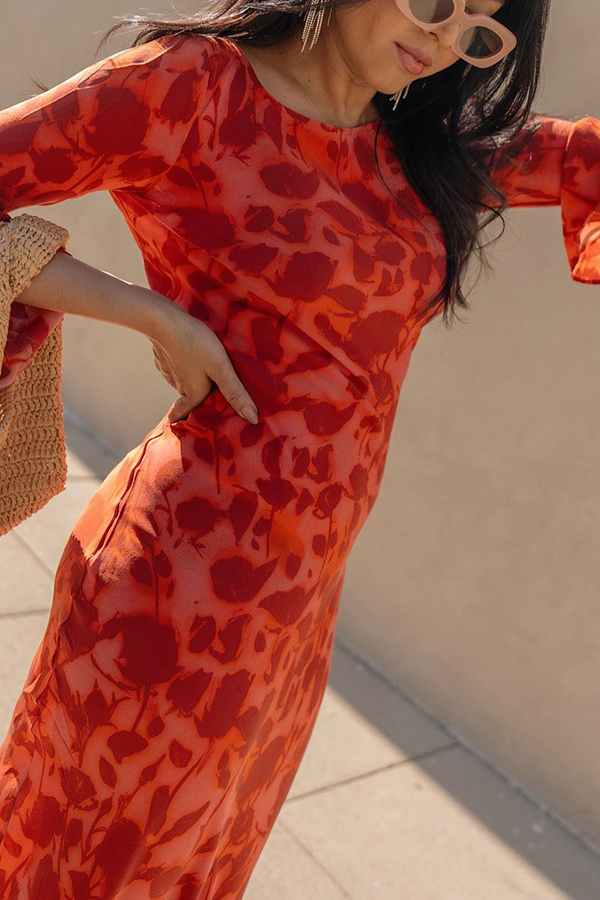 Gia Unique Print Boat Neck Long Bell Sleeve Bias Cut Maxi Dress-consonak