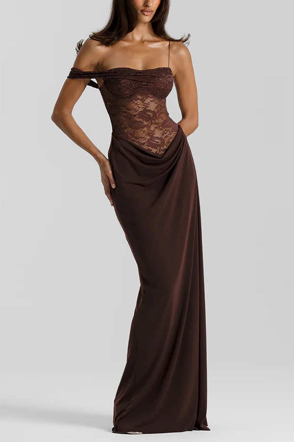 Sexy See-Through Lace Suspender Slim Slit Maxi Dress-consonak