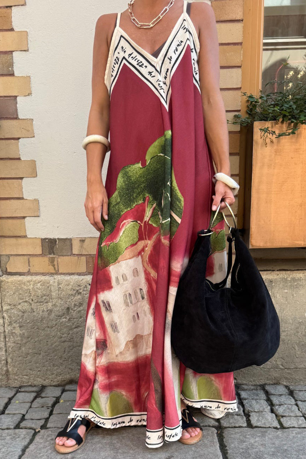 Unique Print Loose-fitting V-neck Casual Holiday Maxi Dress
