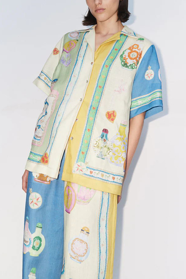 Creating Memories Linen Blend Unique Print Short Sleeve Button Oversized Blouse-consonak