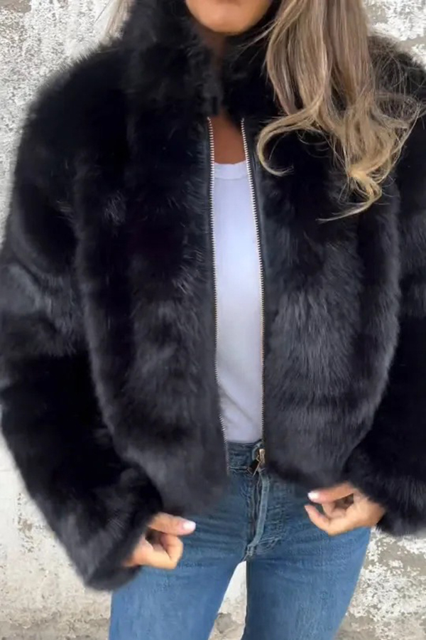 Stylish Faux Fur Turtleneck Zipper Casual Jacket | Consonak