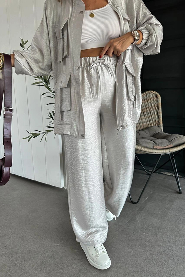 Easy on Me Metallic Fabric Elastic Waist Pocketed Wide Leg Pants | Consonak