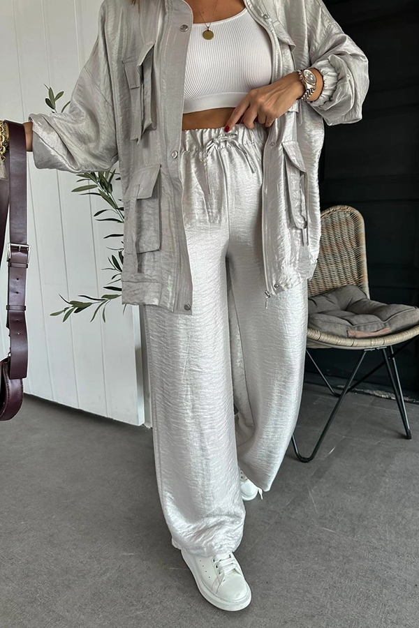 Easy on Me Metallic Fabric Elastic Waist Pocketed Wide Leg Pants-consonak