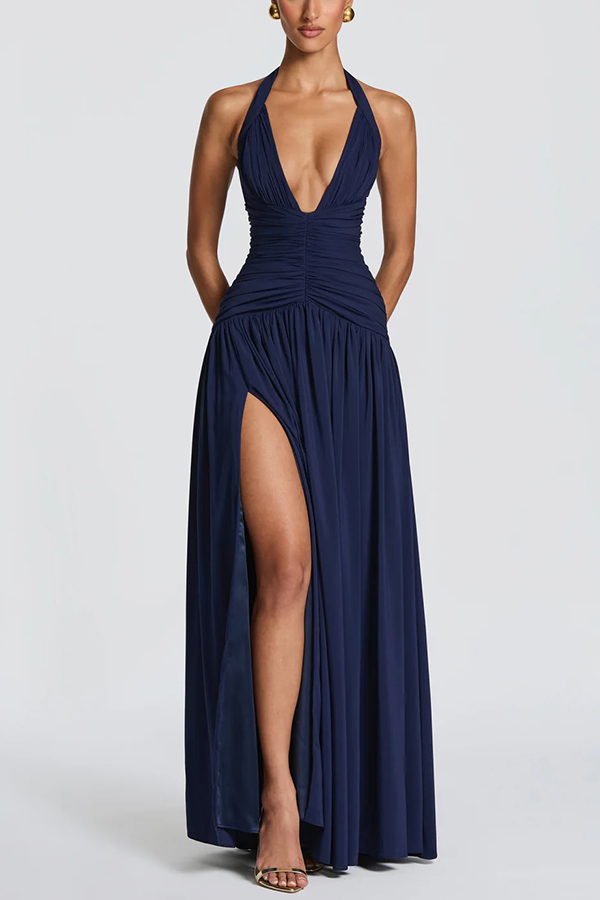 Amaris Halter Tie-up V-neck Ruched Detail Back Lace-up Slit Drape Maxi Dress-consonak