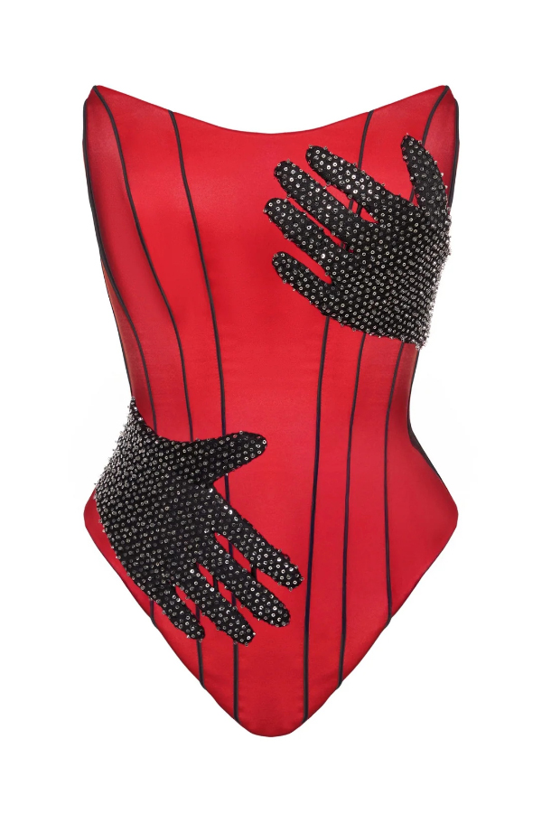 Fashionable Color-blocked Rhinestone Sleeveless Off-shoulder Fitted Top