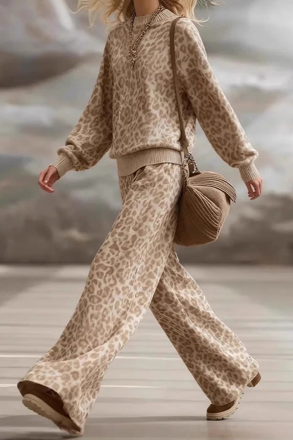 Leopard Print Loose Long-sleeved Top and Casual Pocket Straight-leg Pants Set-consonak