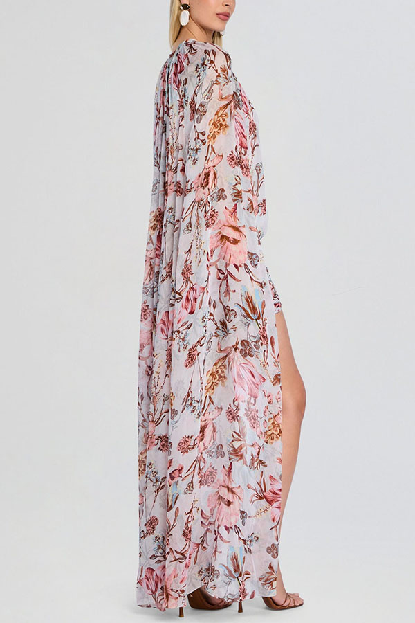 Sunset Frequency Tropical Print Ruched Hem High Low Cape Maxi Dress