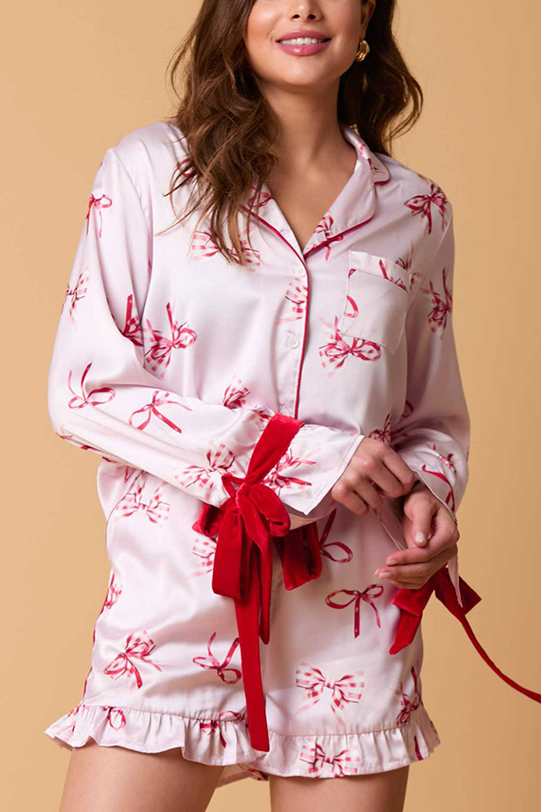 Christmas Fashion Printed Bow Tie Top and Elastic Waist Ruffle Shorts Set-consonak