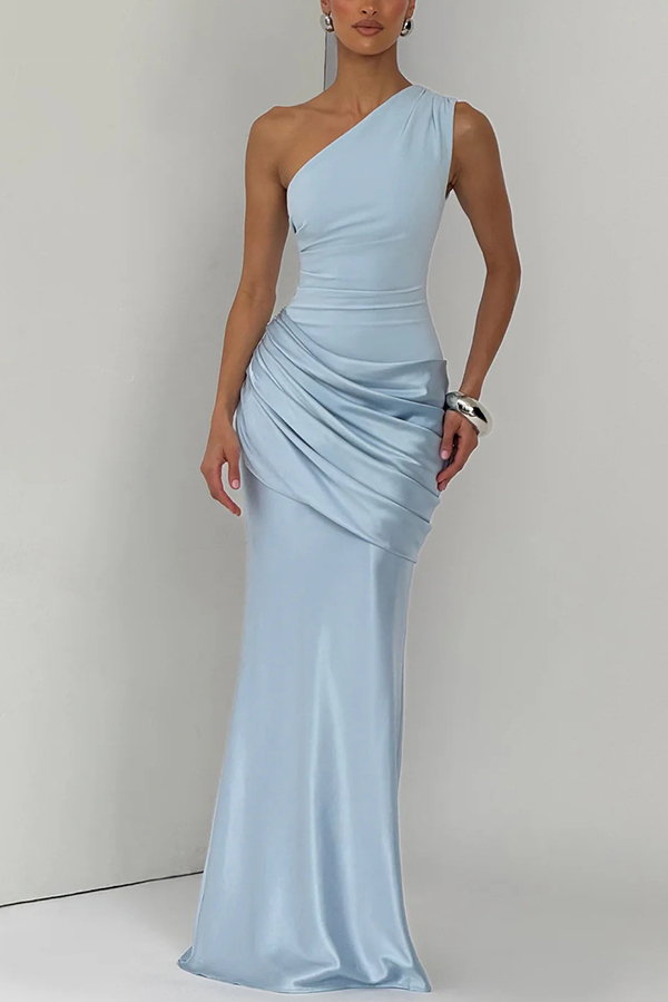 Stylish One-shoulder Sleeveless Satin Draped Slim-fit Maxi Dress-consonak
