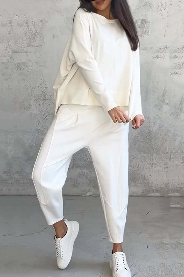 Solid Color Crew Neck Long-sleeved Irregular Loose Top and Elastic Waist Pocket Casual Pants Set-consonak