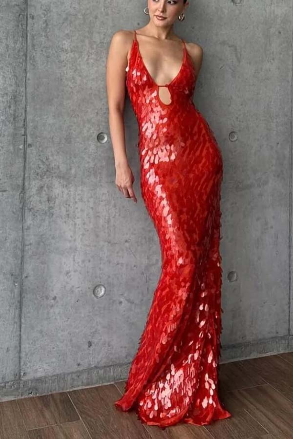 Reshape Beauty Fish Scale Sequin Cutout U-neck Slip Maxi Dress