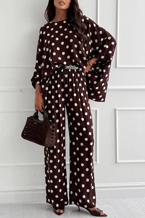 Verne Linen Blend Polka Dot Batwing Sleeve Top and Elastic Waist Pocket Loose Pants Set | Consonak