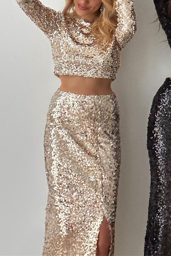 Solid Sequined Long-sleeved Crop Top and Sexy Slit Midi Skirt Set-consonak