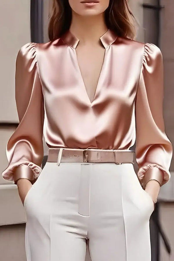 Solid Color Satin V-neck Long-sleeved Casual Shirt | Consonak