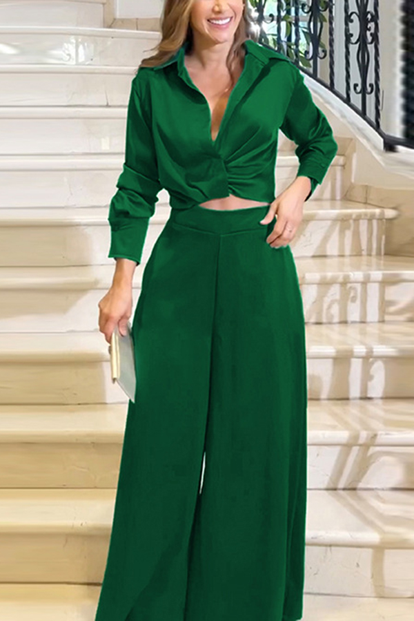 Satin Solid Color Lapel Long Sleeve Blouse and Loose-fitting Pocket Wide Leg Pants Set-consonak