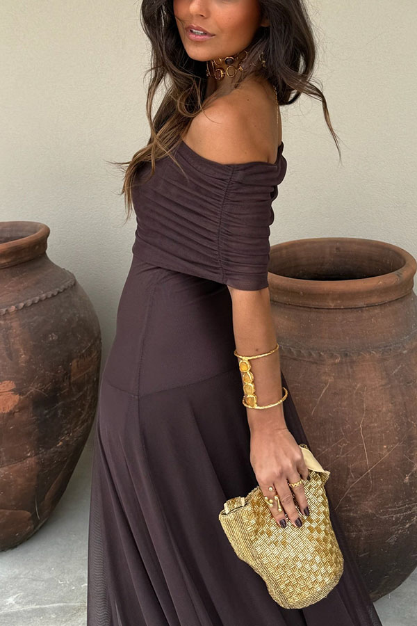 In My Arms Mesh Ruched Strapless Paneled Drape Flare Maxi Dress