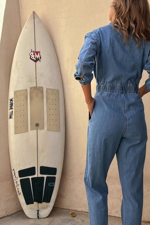 Carey Denim Button Up Long Sleeve Elastic Waist Pocketed Loose Jumpsuit-consonak