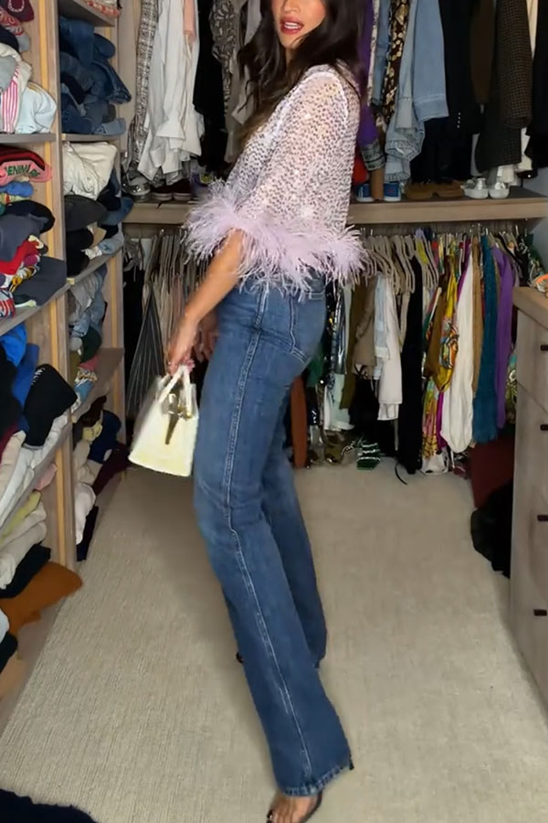 Dream Girl Sequin Feather Trim V-neck Half Sleeve Loose Crop Top-consonak