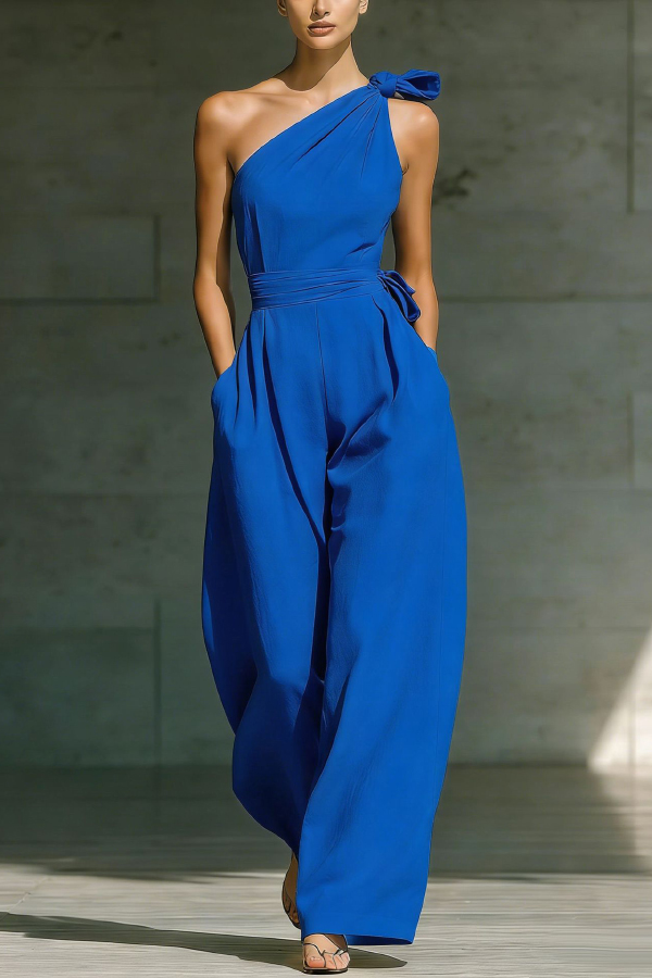 Solid Color Sleeveless One-shoulder Fitted Waist Casual Pocket Loose Wide-leg Jumpsuit